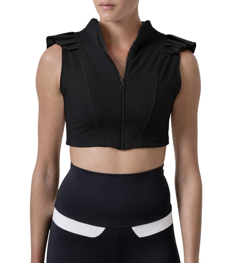 Port de Bras Mila Ruffle Front Zip Active Crop Top Black Women's Size XS NWT